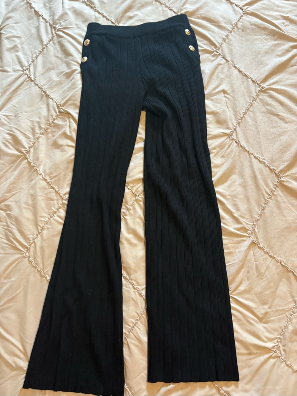 APRICOT Black Ribbed Flared Knit Pants with Gold Button Accents